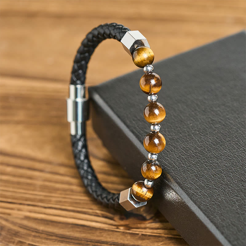 Buddha Stones Bracelet en cuir avec œil de tigre et acier titane, symbole de courage et d'équilibre - image 1