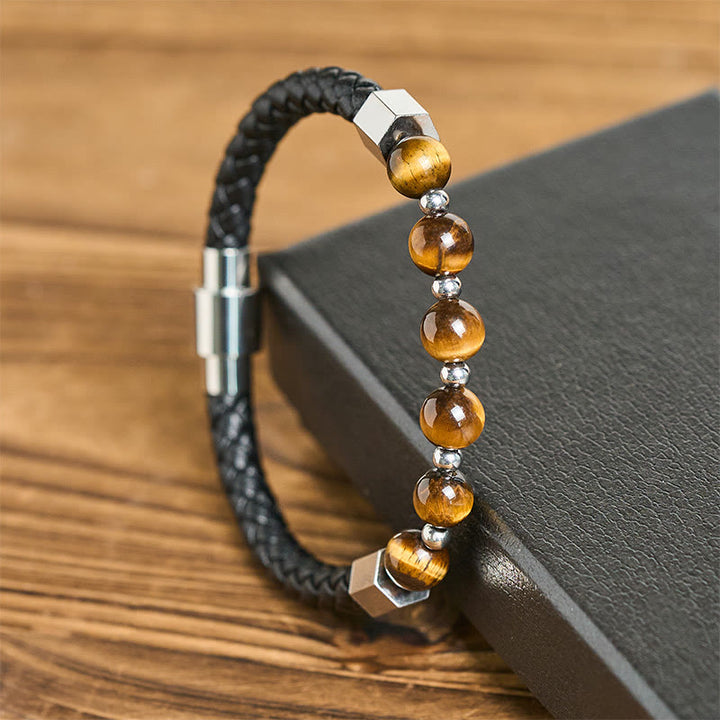 Buddha Stones Bracelet en cuir avec œil de tigre et acier titane, symbole de courage et d'équilibre - image 1