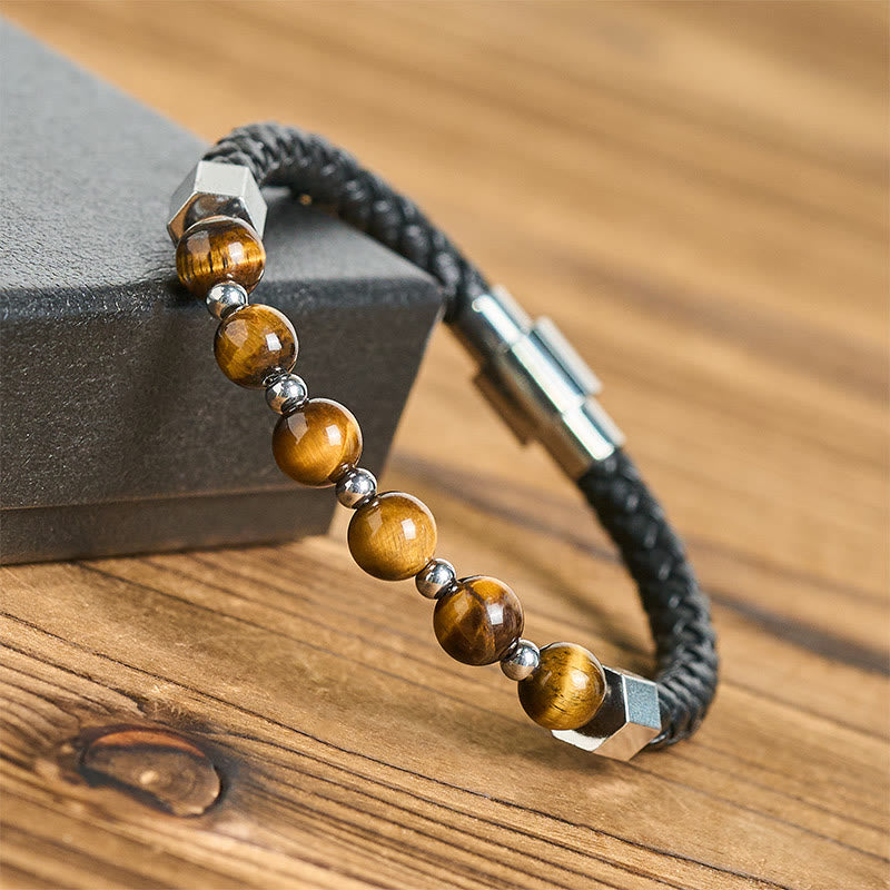 Buddha Stones Bracelet en cuir avec œil de tigre et acier titane, symbole de courage et d'équilibre - image 3