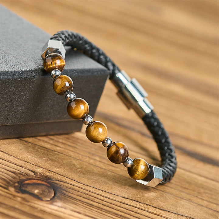 Buddha Stones Bracelet en cuir avec œil de tigre et acier titane, symbole de courage et d'équilibre - image 3