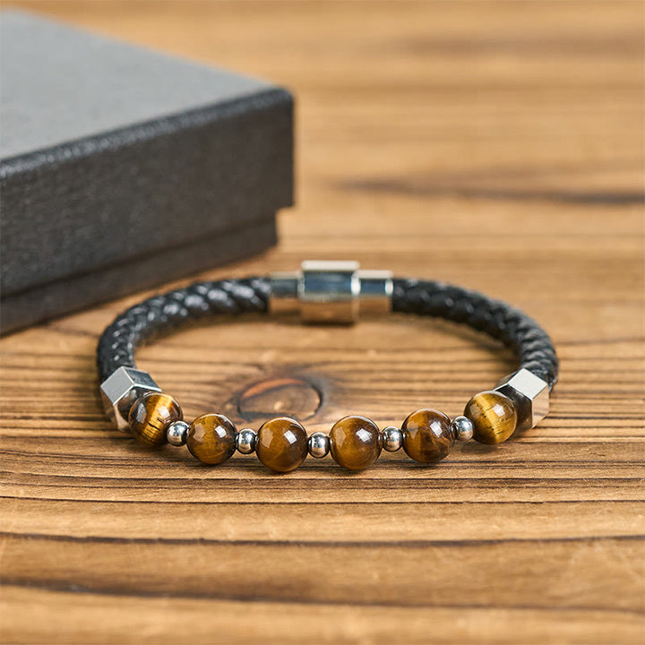 Buddha Stones Bracelet en cuir avec œil de tigre et acier titane, symbole de courage et d'équilibre - image 2
