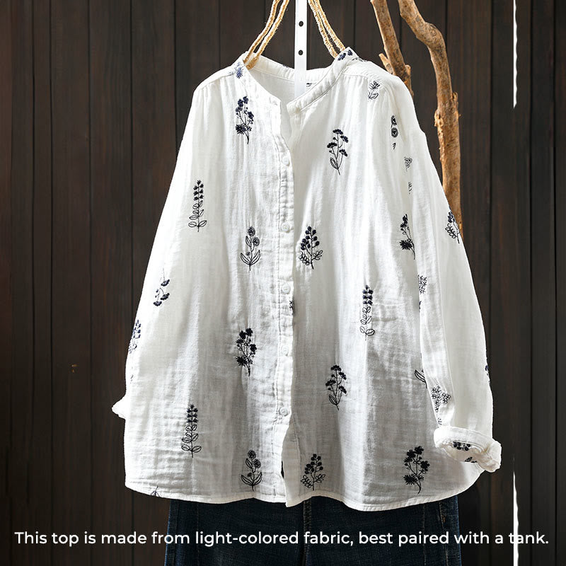 Chemise en coton à manches longues pour femme, ornée de broderies florales et de Buddha Stones - image 4