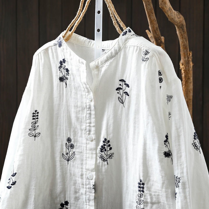 Chemise en coton à manches longues pour femme, ornée de broderies florales et de Buddha Stones - image 2