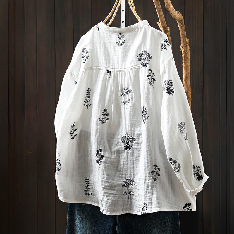 Chemise en coton à manches longues pour femme, ornée de broderies florales et de Buddha Stones - image 1