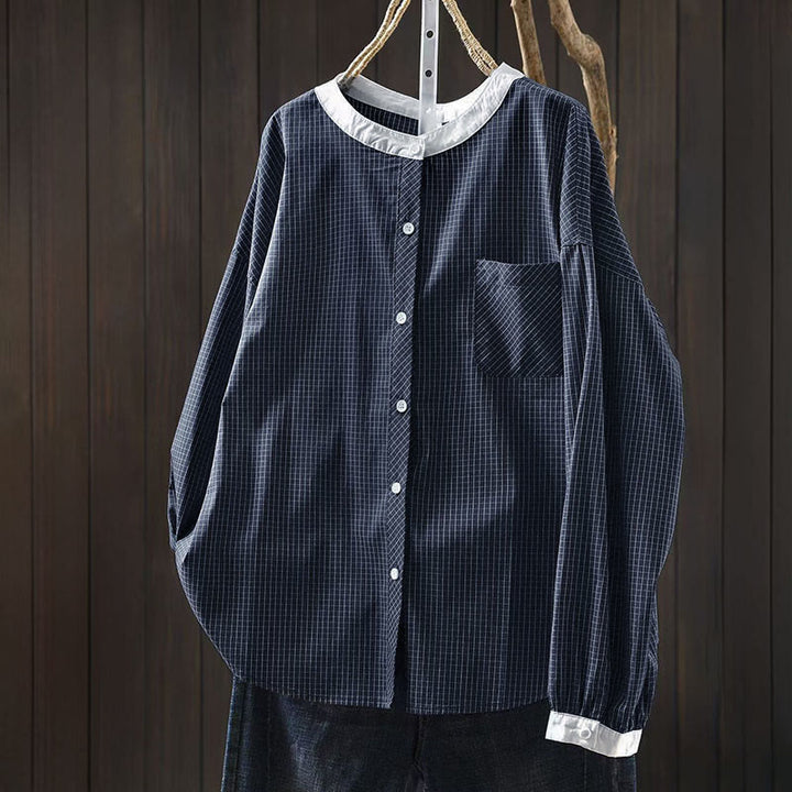 Chemise en coton à manches longues pour femme, à carreaux, avec boutons contrastants et motif Buddha Stones - SteelBlue - US4-6，UK/AU8-10，EU36-38 (F) - image 0