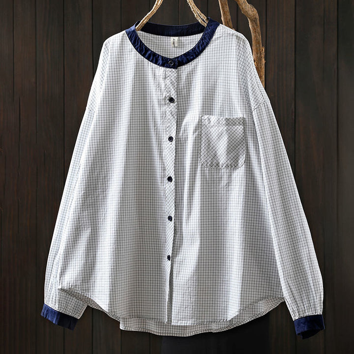 Chemise en coton à manches longues pour femme, à carreaux, avec boutons contrastants et motif Buddha Stones - image 5