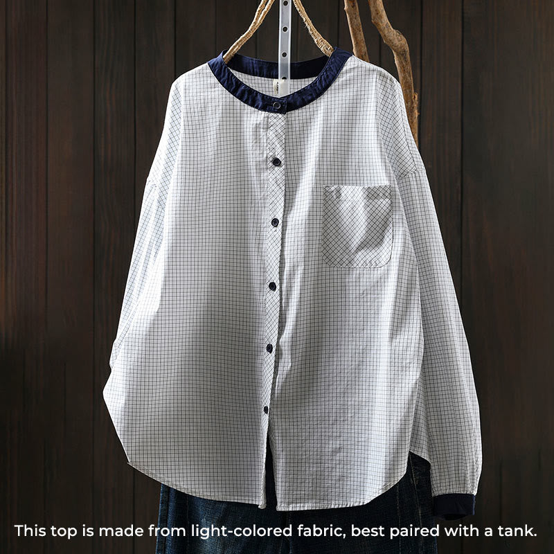 Chemise en coton à manches longues pour femme, à carreaux, avec boutons contrastants et motif Buddha Stones - Blanc - US4-6，UK/AU8-10，EU36-38 (F) - image 3