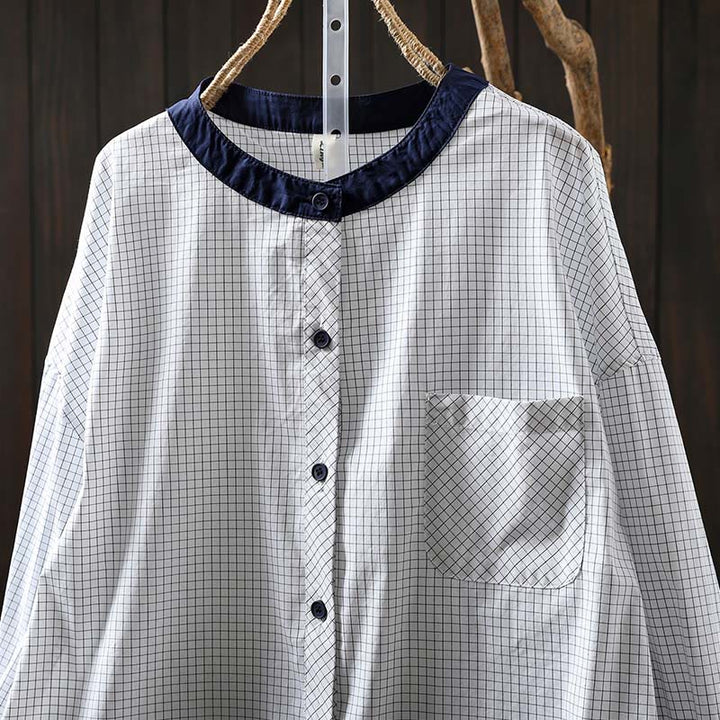 Chemise en coton à manches longues pour femme, à carreaux, avec boutons contrastants et motif Buddha Stones - image 6
