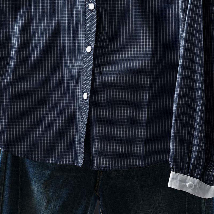 Chemise en coton à manches longues pour femme, à carreaux, avec boutons contrastants et motif Buddha Stones - image 2