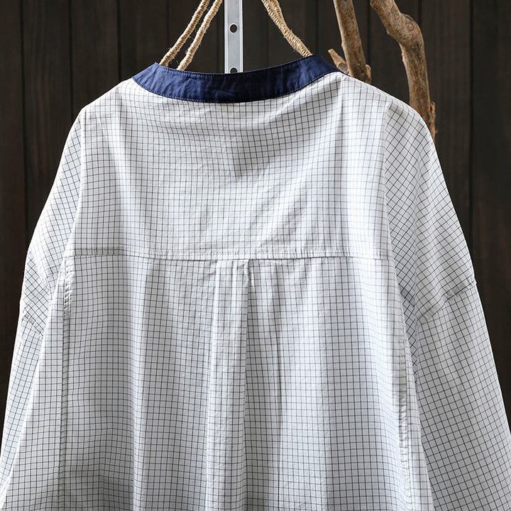 Chemise en coton à manches longues pour femme, à carreaux, avec boutons contrastants et motif Buddha Stones - image 8