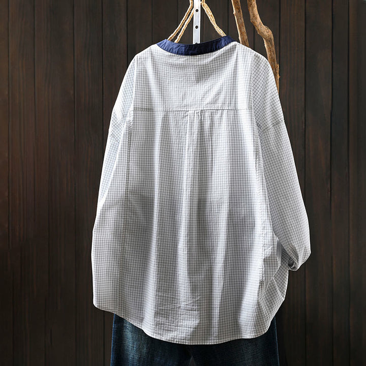 Chemise en coton à manches longues pour femme, à carreaux, avec boutons contrastants et motif Buddha Stones - image 4