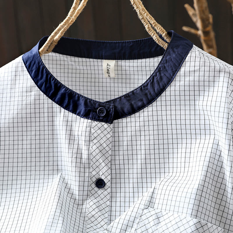 Chemise en coton à manches longues pour femme, à carreaux, avec boutons contrastants et motif Buddha Stones - image 7