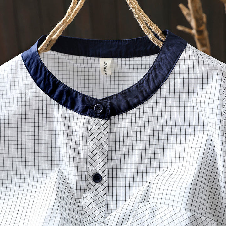 Chemise en coton à manches longues pour femme, à carreaux, avec boutons contrastants et motif Buddha Stones - image 7