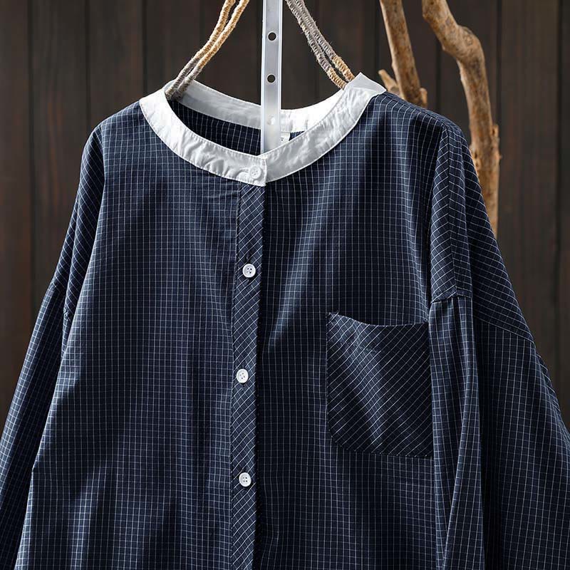Chemise en coton à manches longues pour femme, à carreaux, avec boutons contrastants et motif Buddha Stones - image 1