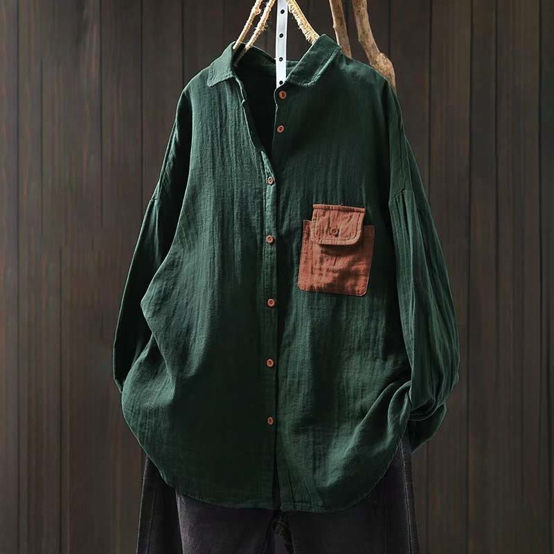 Chemise en coton à manches longues pour femme, ornée de Buddha Stones et de boutons contrastés sur les poches. - Vert mer moyen - US4-8/10，UK/AU8-12/14，EU36-40/42 (F) - image 0