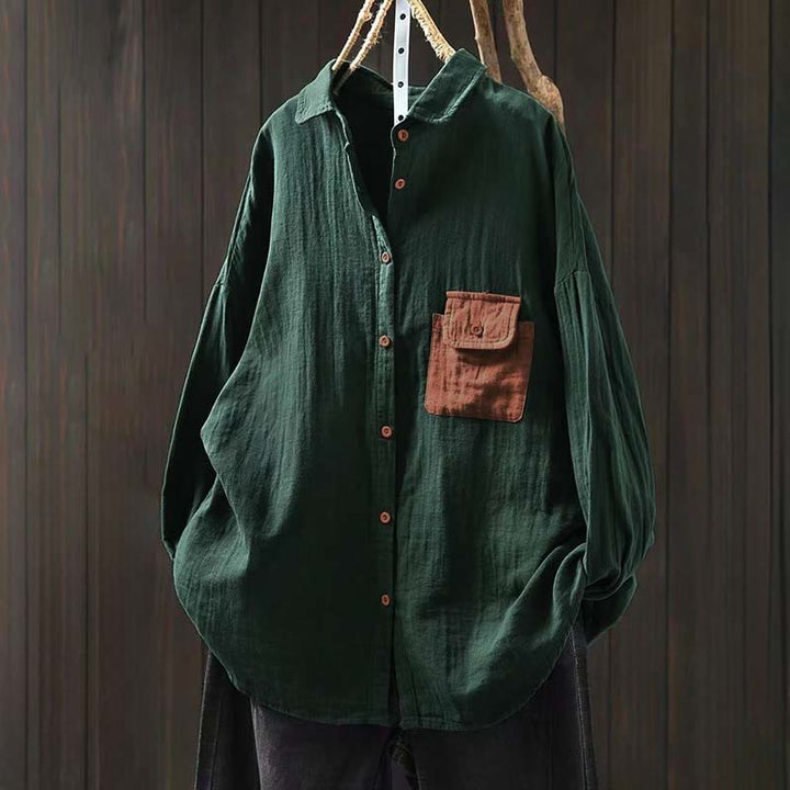 Chemise en coton à manches longues pour femme, ornée de Buddha Stones et de boutons contrastés sur les poches. - Vert mer moyen - US4-8/10，UK/AU8-12/14，EU36-40/42 (F) - image 0