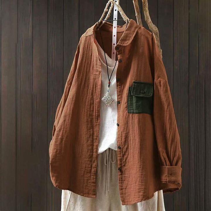 Chemise en coton à manches longues pour femme, ornée de Buddha Stones et de boutons contrastés sur les poches. - Orange - US4-8/10，UK/AU8-12/14，EU36-40/42 (F) - image 14