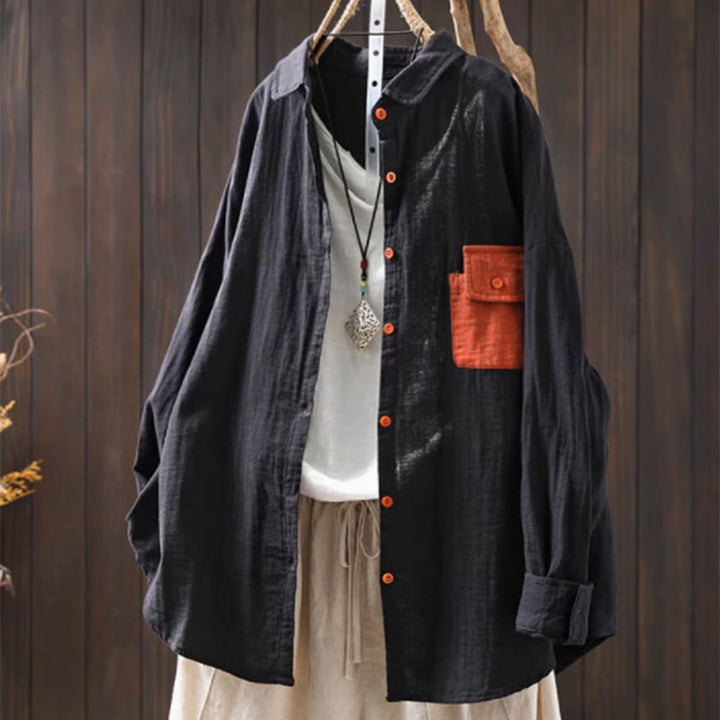 Chemise en coton à manches longues pour femme, ornée de Buddha Stones et de boutons contrastés sur les poches. - Noir - US4-8/10，UK/AU8-12/14，EU36-40/42 (F) - image 18