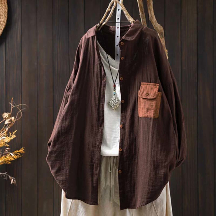 Chemise en coton à manches longues pour femme, ornée de Buddha Stones et de boutons contrastés sur les poches. - SaddleBrown - US4-8/10，UK/AU8-12/14，EU36-40/42 (F) - image 20