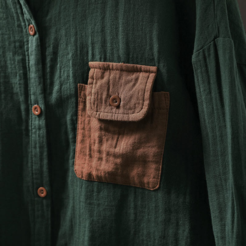 Chemise en coton à manches longues pour femme, ornée de Buddha Stones et de boutons contrastés sur les poches. - image 6