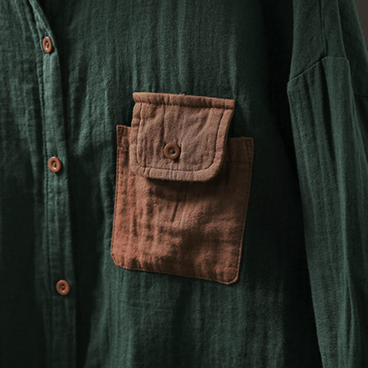 Chemise en coton à manches longues pour femme, ornée de Buddha Stones et de boutons contrastés sur les poches. - image 6