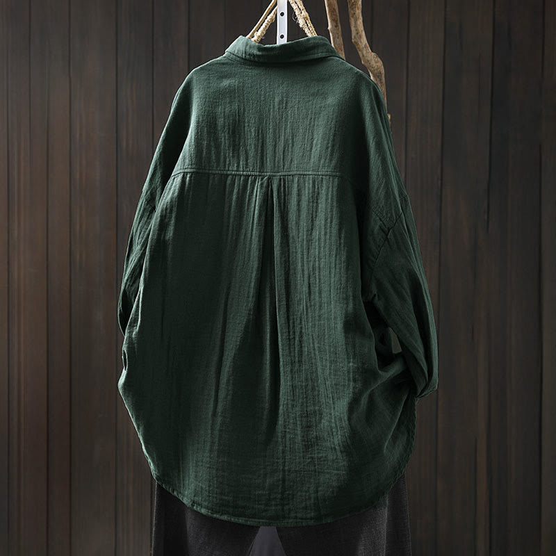 Chemise en coton à manches longues pour femme, ornée de Buddha Stones et de boutons contrastés sur les poches. - image 1