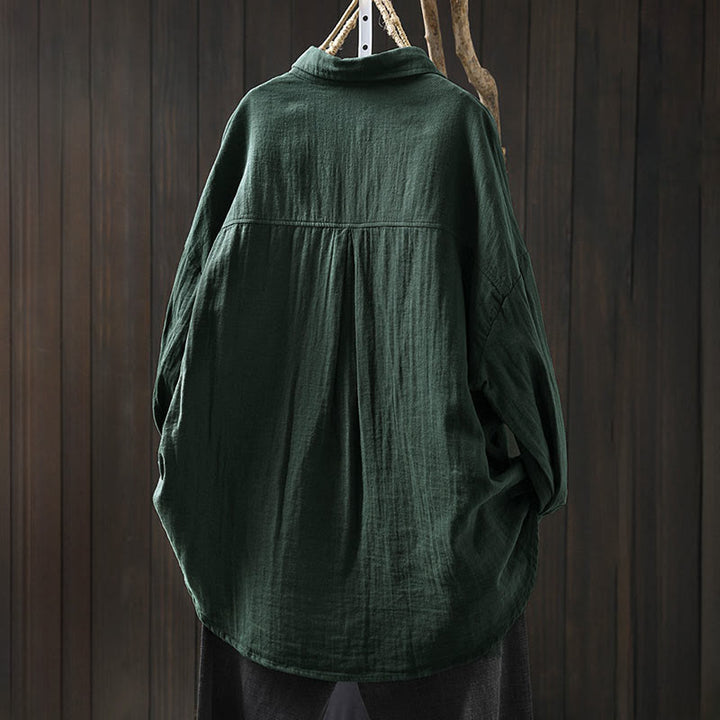 Chemise en coton à manches longues pour femme, ornée de Buddha Stones et de boutons contrastés sur les poches. - image 1