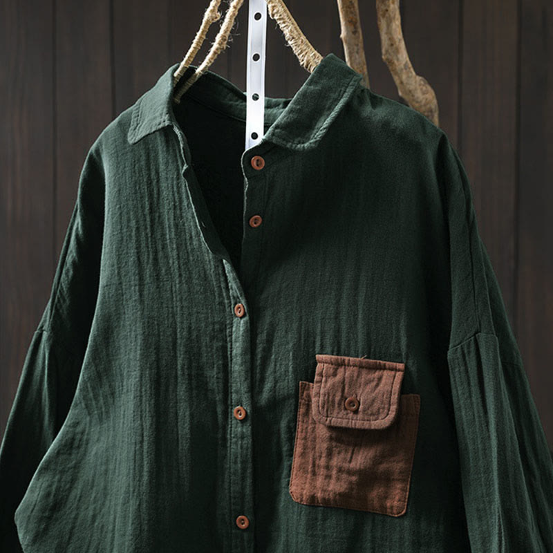 Chemise en coton à manches longues pour femme, ornée de Buddha Stones et de boutons contrastés sur les poches. - image 2