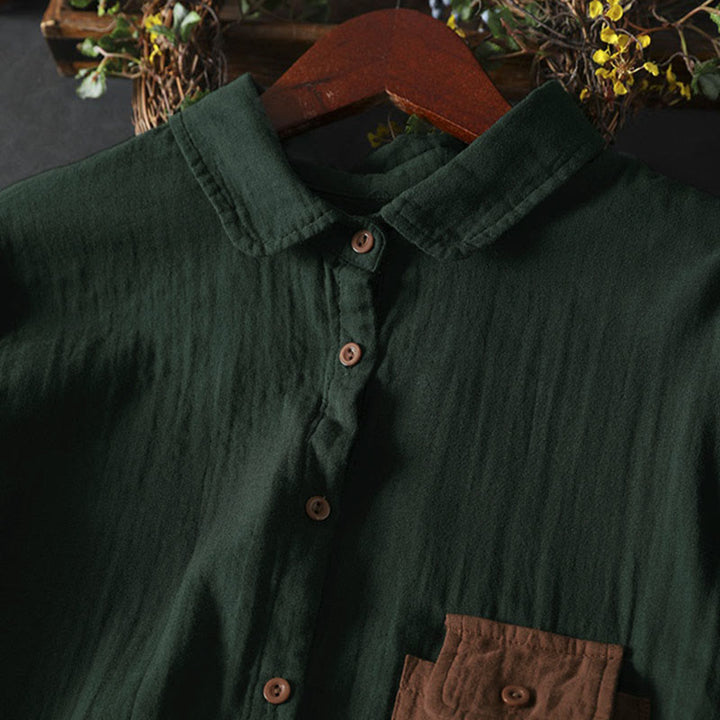 Chemise en coton à manches longues pour femme, ornée de Buddha Stones et de boutons contrastés sur les poches. - image 4