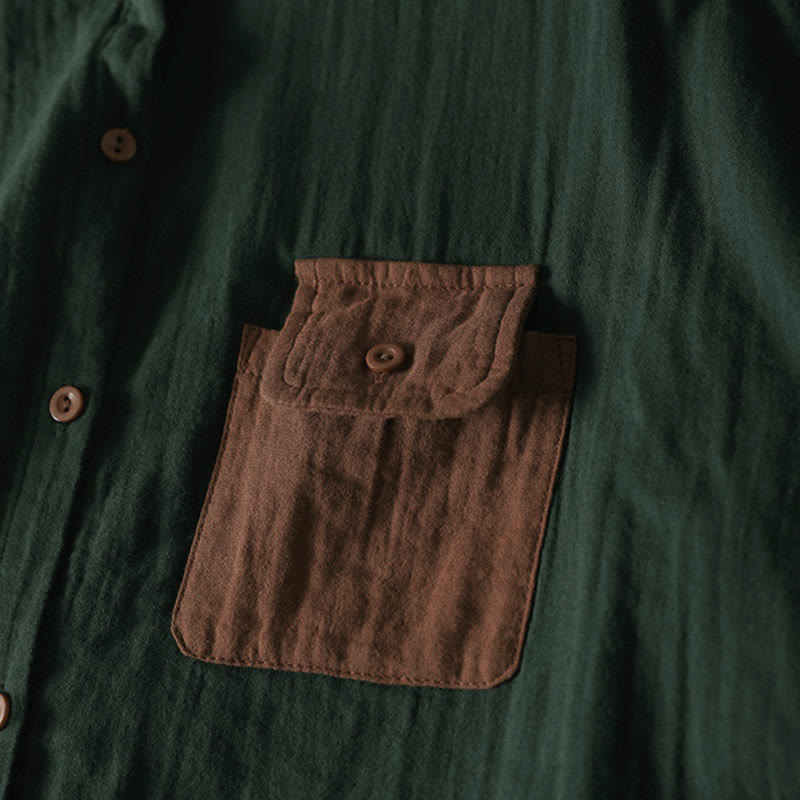 Chemise en coton à manches longues pour femme, ornée de Buddha Stones et de boutons contrastés sur les poches. - image 5