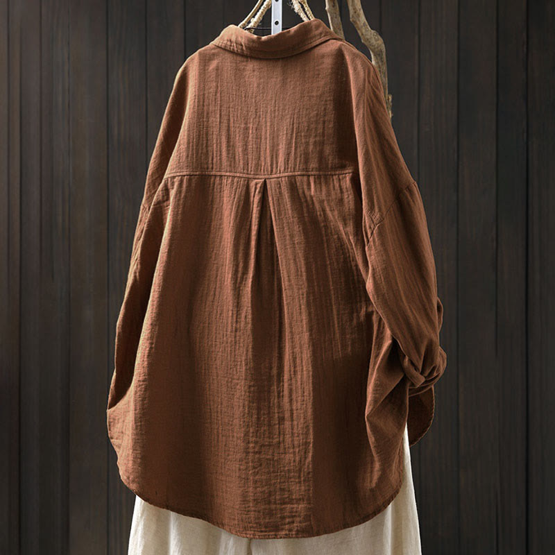 Chemise en coton à manches longues pour femme, ornée de Buddha Stones et de boutons contrastés sur les poches. - image 15