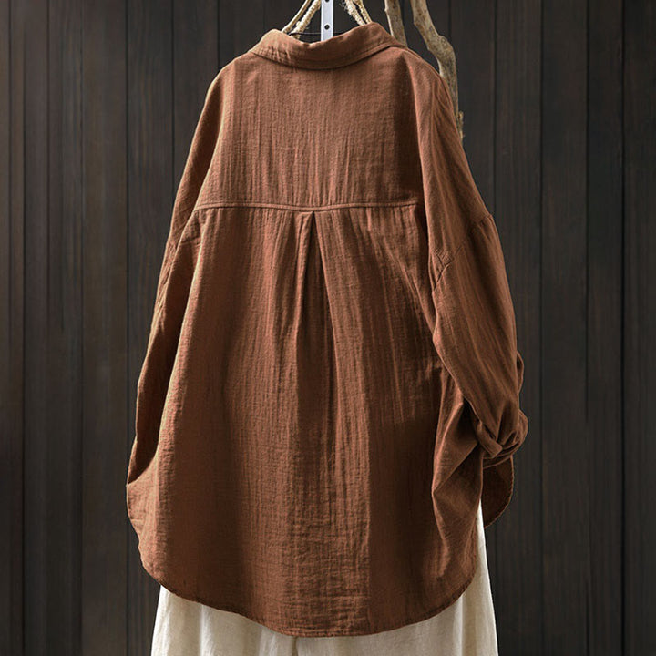 Chemise en coton à manches longues pour femme, ornée de Buddha Stones et de boutons contrastés sur les poches. - image 15