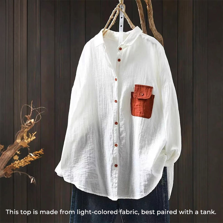 Chemise en coton à manches longues pour femme, ornée de Buddha Stones et de boutons contrastés sur les poches. - image 12