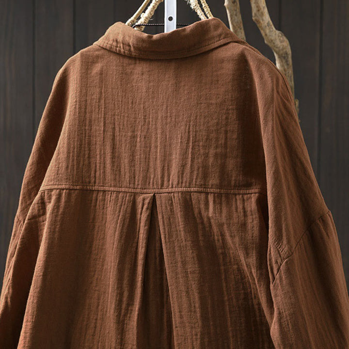 Chemise en coton à manches longues pour femme, ornée de Buddha Stones et de boutons contrastés sur les poches. - image 17