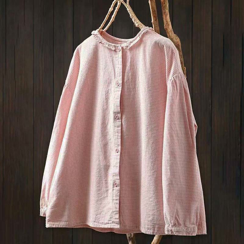 Chemise en coton à petits carreaux, manches longues, Buddha Stones , printemps - Rose clair - US4，UK/AU8，EU36 (L) - image 11