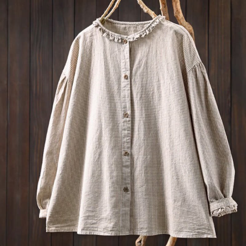 Chemise en coton à petits carreaux, manches longues, Buddha Stones , printemps - Beige - US4，UK/AU8，EU36 (L) - image 13