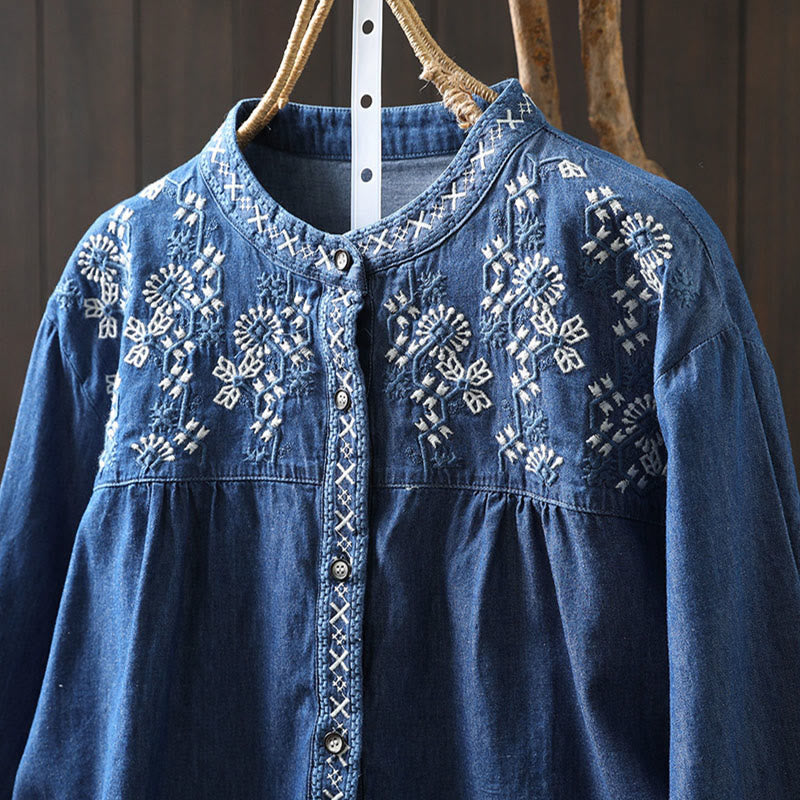 Chemise femme en denim de coton à demi-boutons, ornée de broderies florales géométriques et de Buddha Stones - image 18