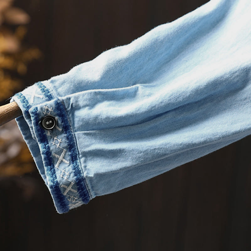 Chemise femme en denim de coton à demi-boutons, ornée de broderies florales géométriques et de Buddha Stones - image 10