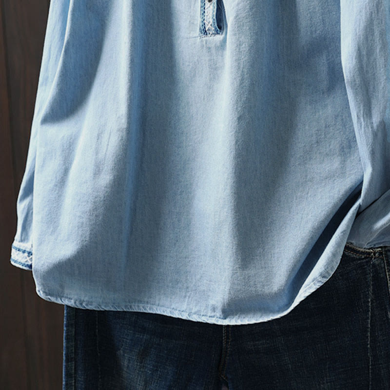 Chemise femme en denim de coton à demi-boutons, ornée de broderies florales géométriques et de Buddha Stones - image 12