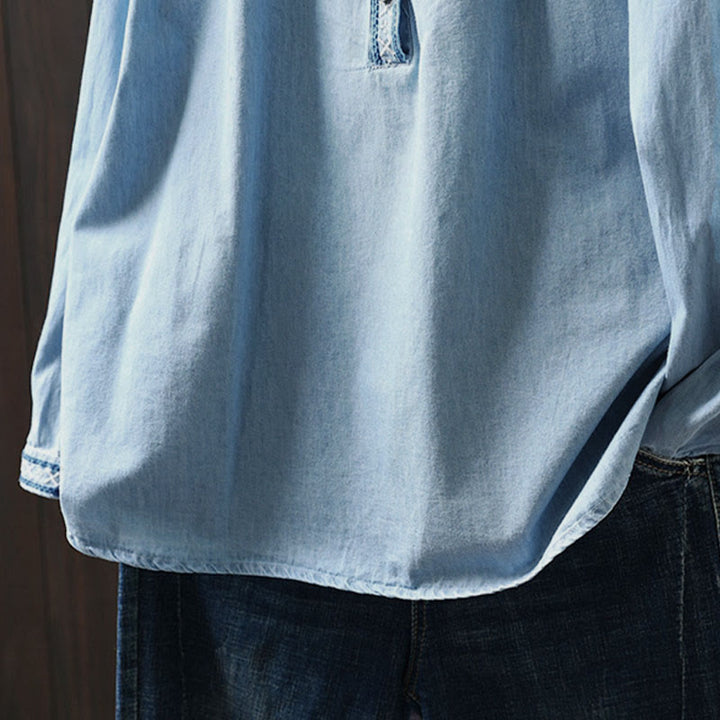 Chemise femme en denim de coton à demi-boutons, ornée de broderies florales géométriques et de Buddha Stones - image 12