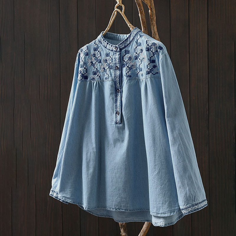 Chemise femme en denim de coton à demi-boutons, ornée de broderies florales géométriques et de Buddha Stones - image 2