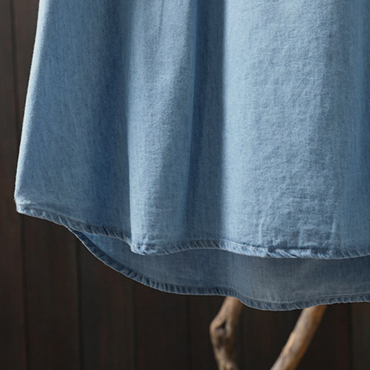 Chemise femme en denim de coton à demi-boutons, ornée de broderies florales géométriques et de Buddha Stones - image 13