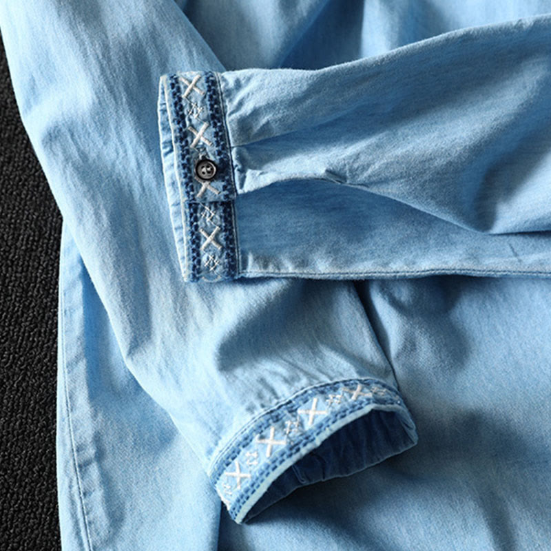 Chemise femme en denim de coton à demi-boutons, ornée de broderies florales géométriques et de Buddha Stones - image 11