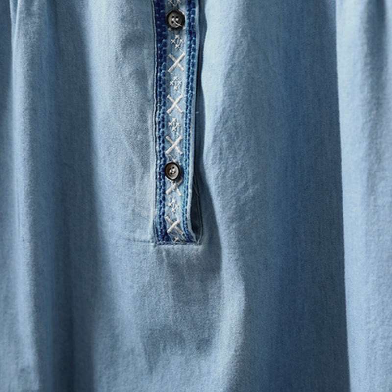 Chemise femme en denim de coton à demi-boutons, ornée de broderies florales géométriques et de Buddha Stones - image 6