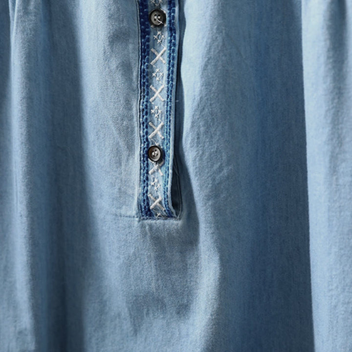 Chemise femme en denim de coton à demi-boutons, ornée de broderies florales géométriques et de Buddha Stones - image 6