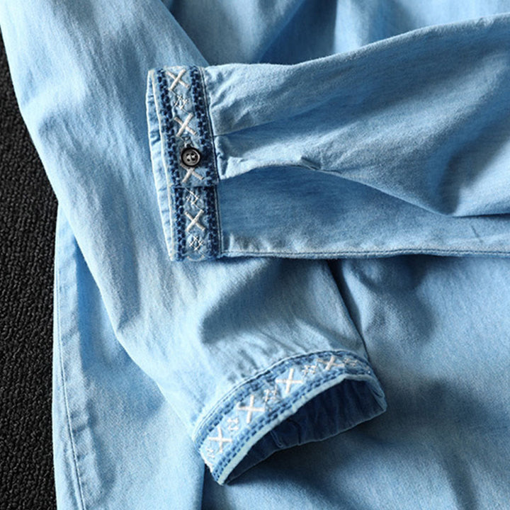 Chemise femme en denim de coton à demi-boutons, ornée de broderies florales géométriques et de Buddha Stones - image 11