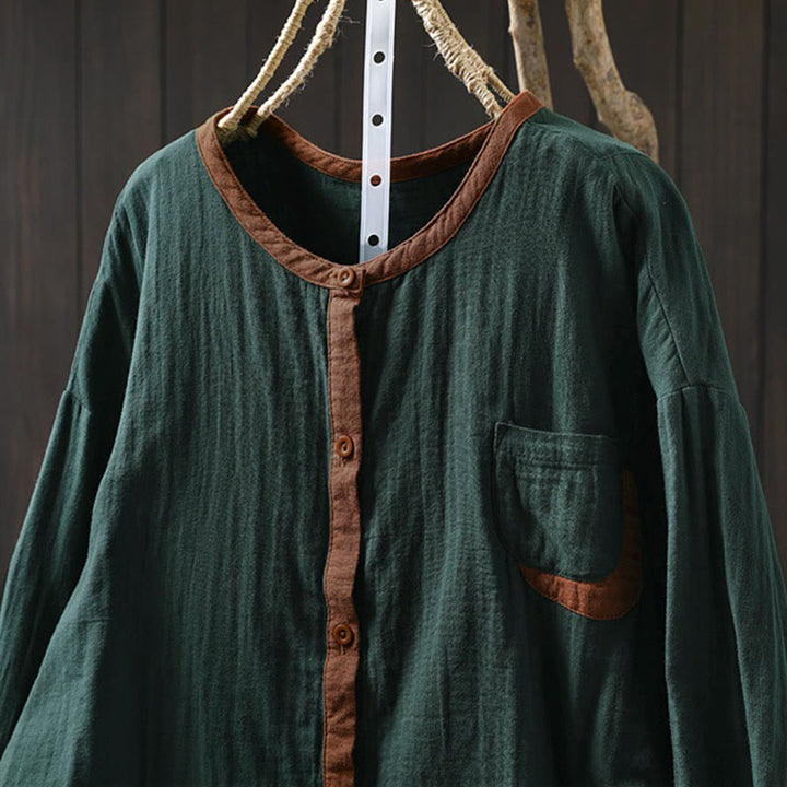 Chemise en coton à manches longues pour femme, motif Buddha Stones, boutons contrastés. - image 1