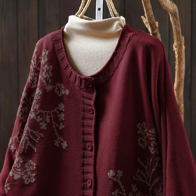 Cardigan long en coton à manches chauve-souris pour femme, orné de boutons floraux et de Buddha Stones - image 1