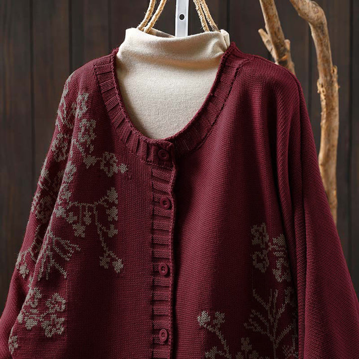 Cardigan long en coton à manches chauve-souris pour femme, orné de boutons floraux et de Buddha Stones - image 1