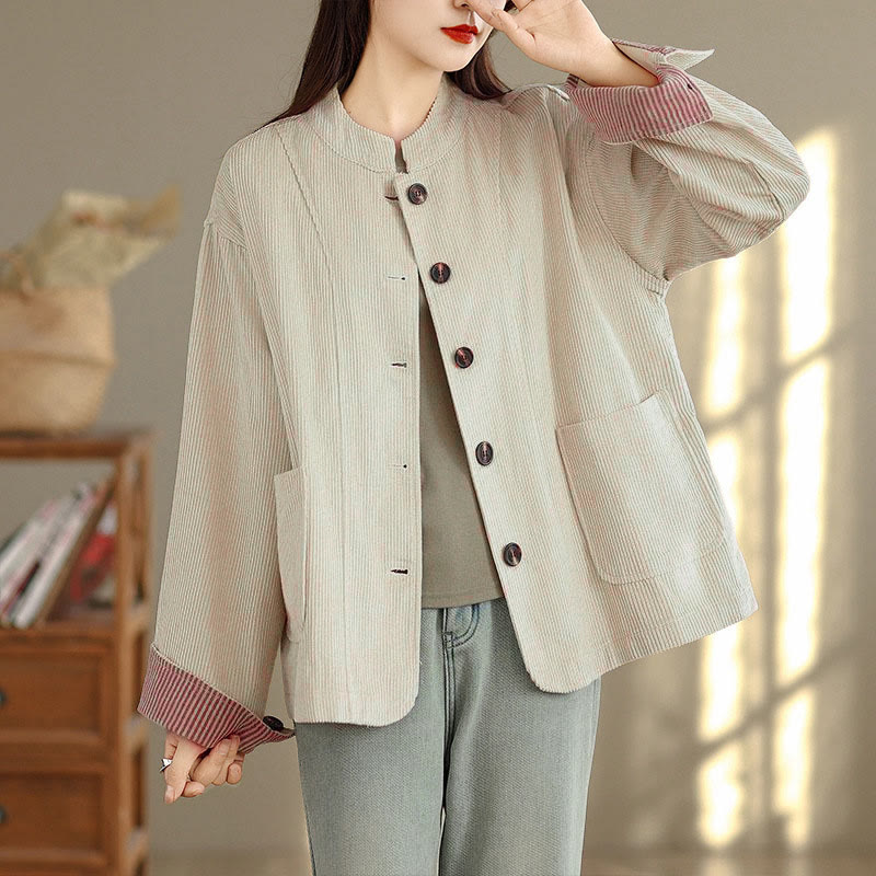 Veste femme à manches longues en velours côtelé avec poches et boutons en forme de Buddha Stones - Beige - US8-10，UK/AU12-14，EU40-42 (2XL) - image 0